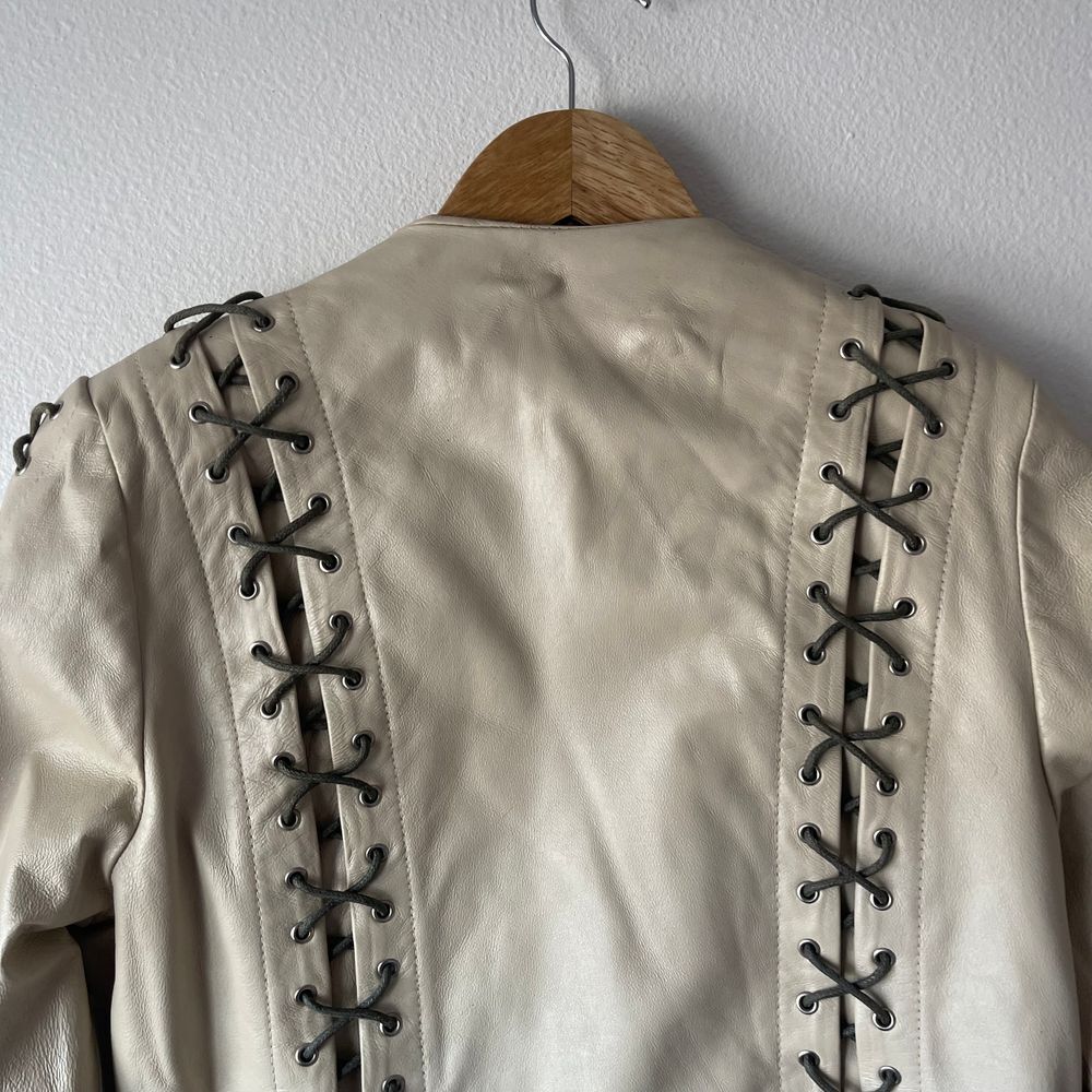 Vintage Lew Magram Collection White Fringe Western Pig Nappa Leather Jacket - Picture 7 of 12